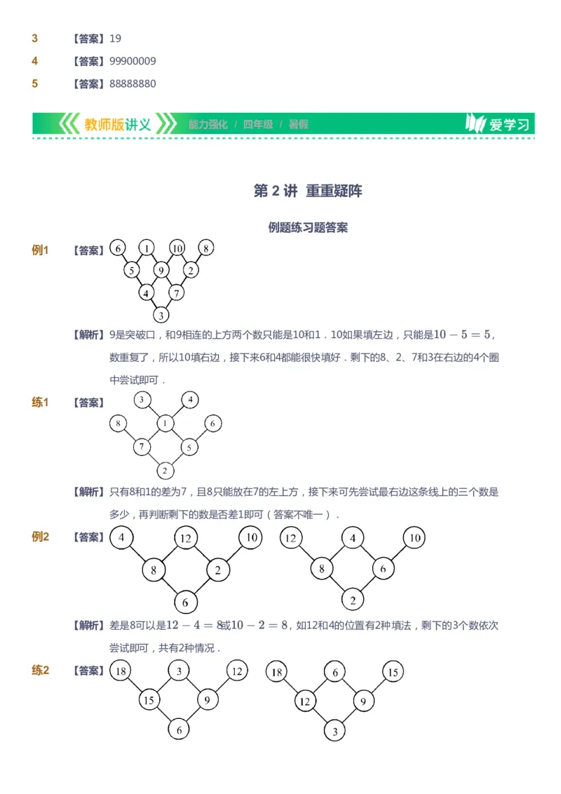 课本+自我巩固+课堂落实（答案）_《爱学习》小学初中数学和奥数资料_高斯数学爱学习课件_2人教小学能力强化_四年级高斯数学能力强化_暑数学4阶能力强化