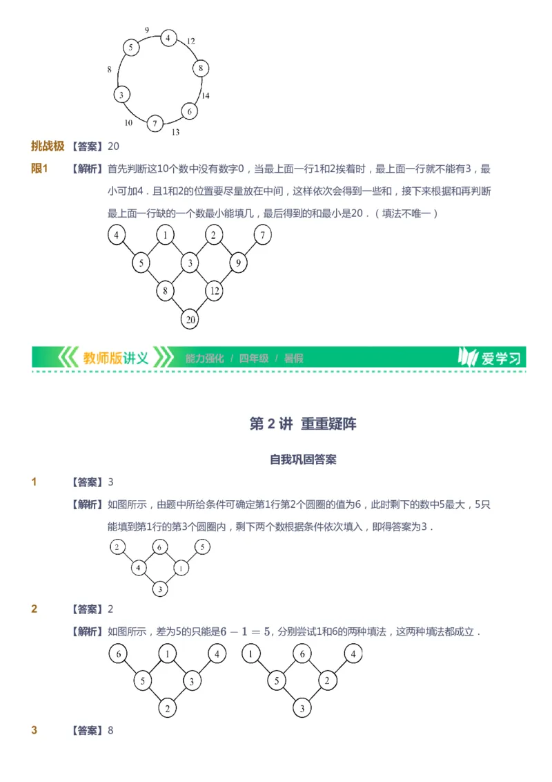 课本+自我巩固+课堂落实（答案）_《爱学习》小学初中数学和奥数资料_高斯数学爱学习课件_2人教小学能力强化_四年级高斯数学能力强化_暑数学4阶能力强化