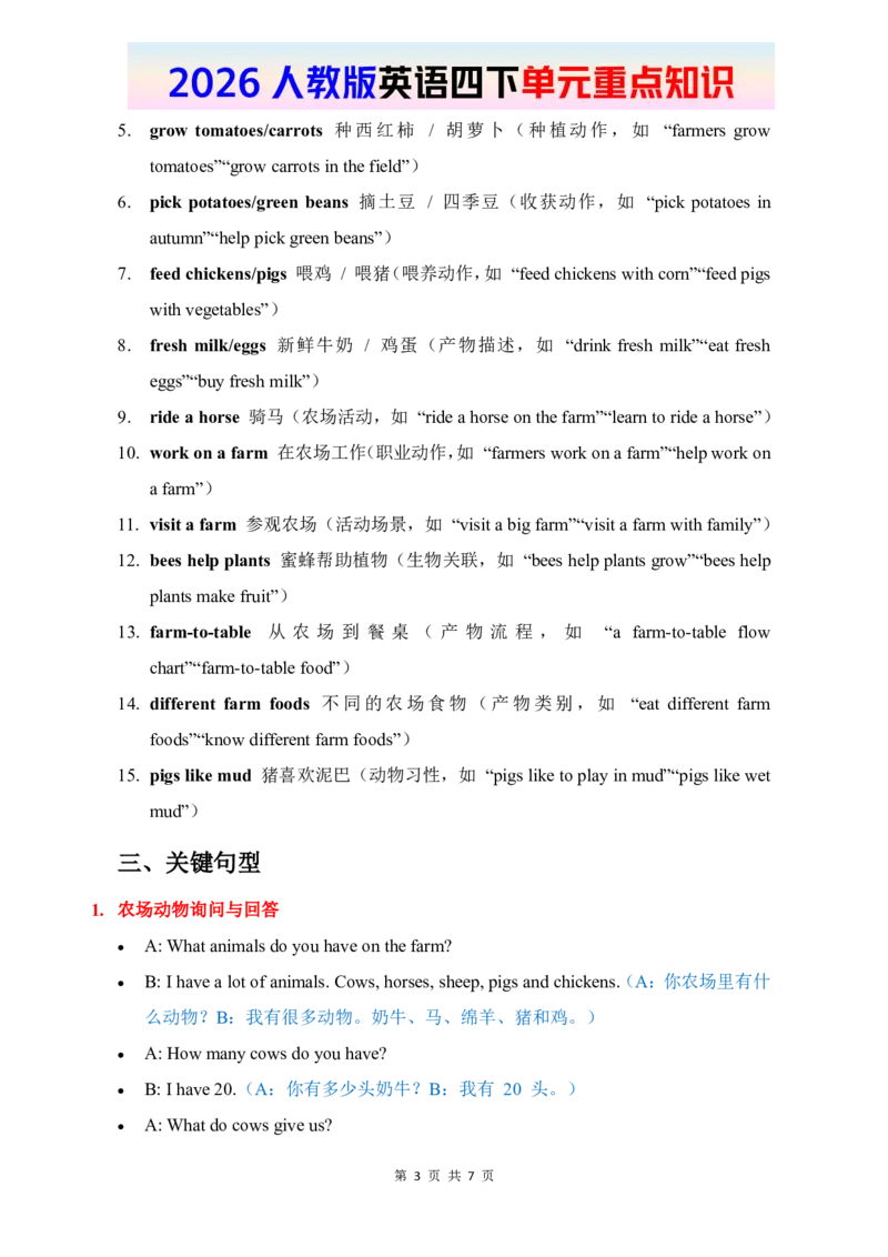 2026春人教版英语四下单元重点知识Unit5_4下-新英语人教PEP版（2026持续更新）_08知识清单（全册）_08.单元重点知识