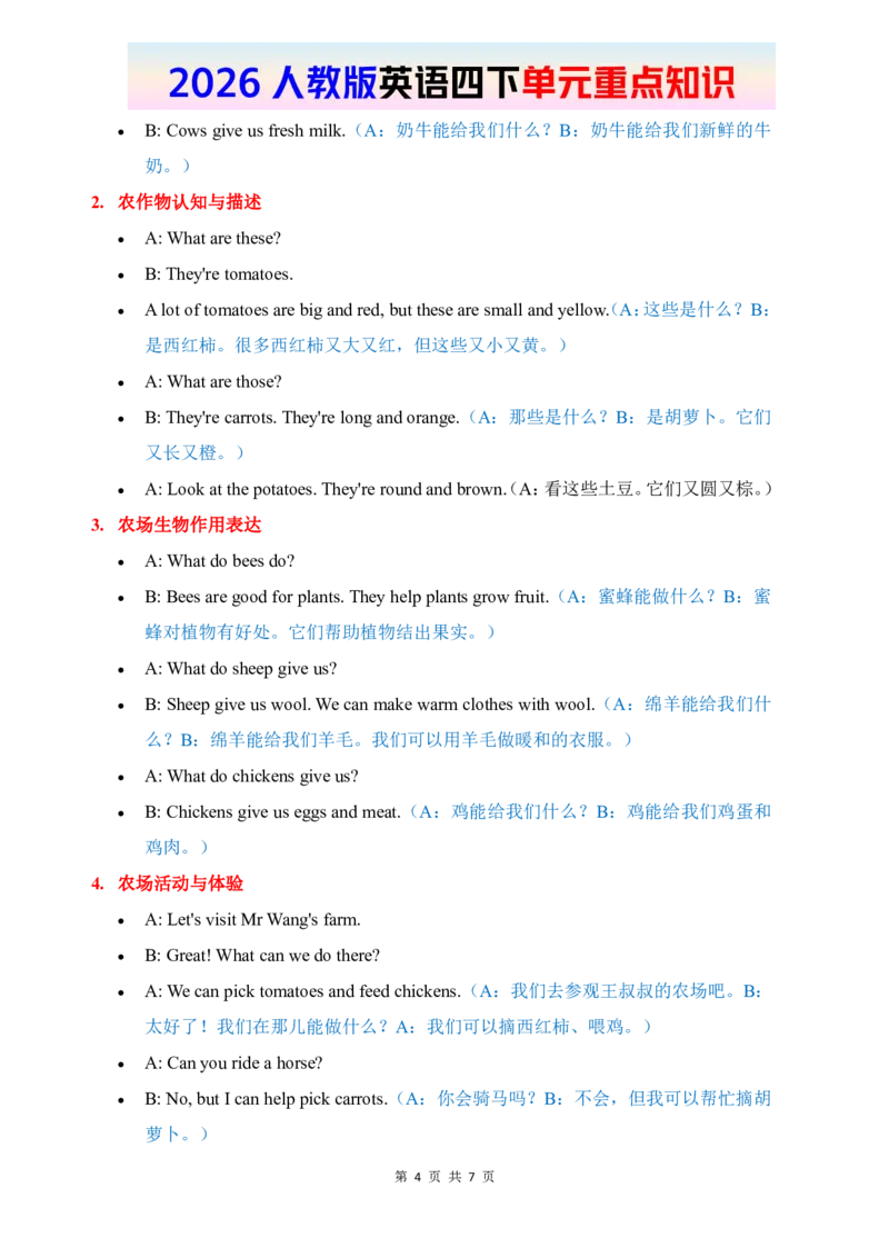 2026春人教版英语四下单元重点知识Unit5_4下-新英语人教PEP版（2026持续更新）_08知识清单（全册）_08.单元重点知识