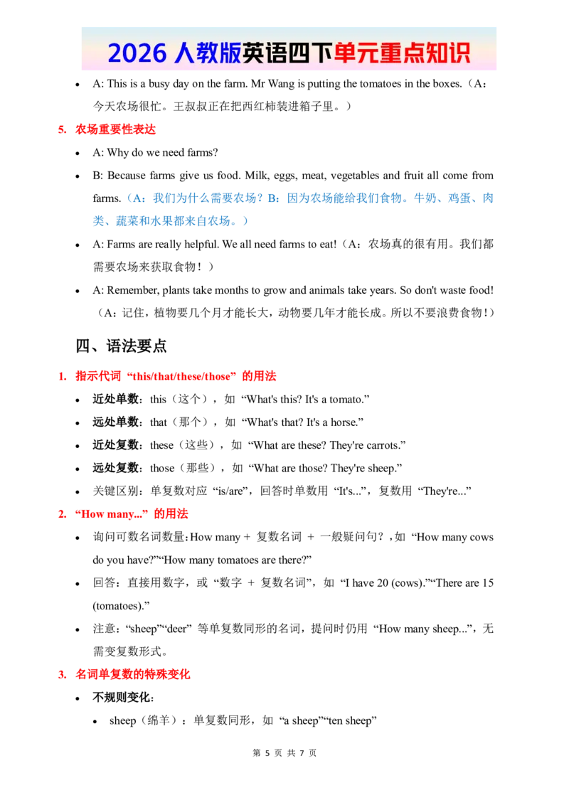 2026春人教版英语四下单元重点知识Unit5_4下-新英语人教PEP版（2026持续更新）_08知识清单（全册）_08.单元重点知识
