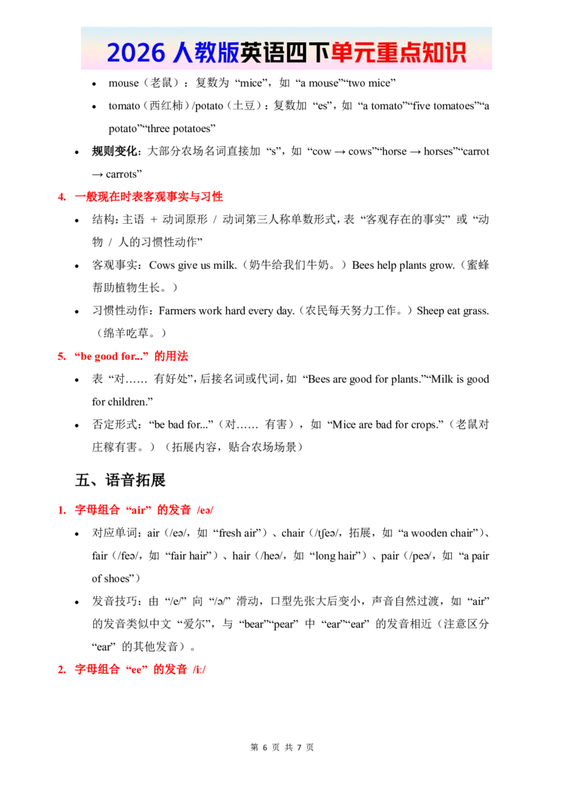 2026春人教版英语四下单元重点知识Unit5_4下-新英语人教PEP版（2026持续更新）_08知识清单（全册）_08.单元重点知识