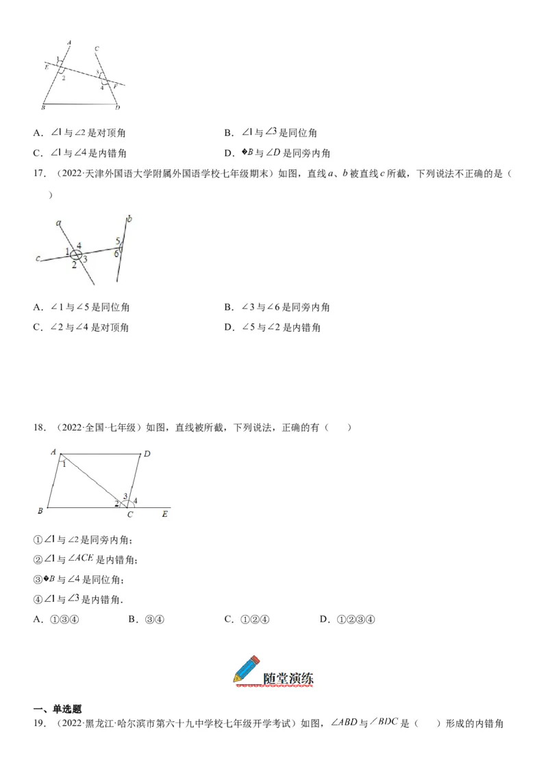 2.1两条直线的位置关系-七年级数学下册《考点&bull;题型&bull;技巧》精讲与精练高分突破（北师大版）_北师大初中数学_7下-北师大版初中数学_7下-初中数学北师大版（旧版）赠送_06专项讲练