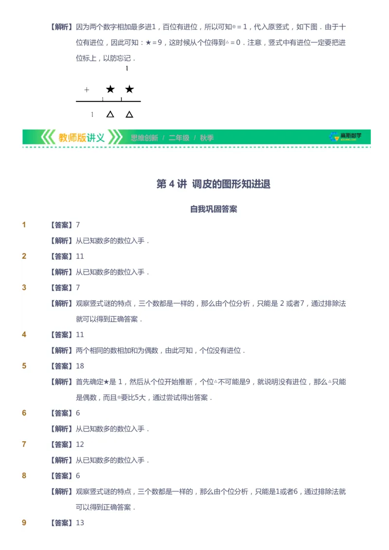 课本+自我巩固+课堂落实（答案）_《爱学习》小学初中数学和奥数资料_高斯数学爱学习课件_4奥数思维创新_二年级高斯数学思维创新_秋高斯数学2阶思维创新