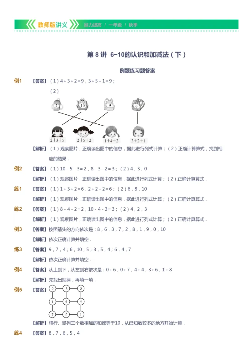 课本+自我巩固+课堂落实（答案）-gs_《爱学习》小学初中数学和奥数资料_高斯数学爱学习课件_1人教小学能力提高_1年级能力提高春秋寒暑课件_秋高斯数学1阶能力提高-gs出品