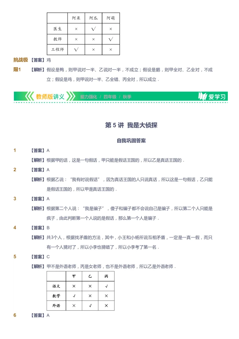 课本+自我巩固+课堂落实（答案）_《爱学习》小学初中数学和奥数资料_高斯数学爱学习课件_2人教小学能力强化_四年级高斯数学能力强化_秋数学4阶能力强化