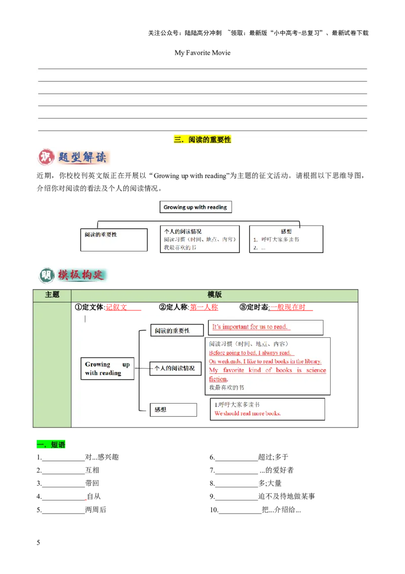 专题04书面表达之记叙文（体育运动、最喜欢的电影、阅读、科技改变生活）（答题模板）（原卷版）_02中考总复习（2026版更新中）_03-英语-中考总复习_2025中考复习资料