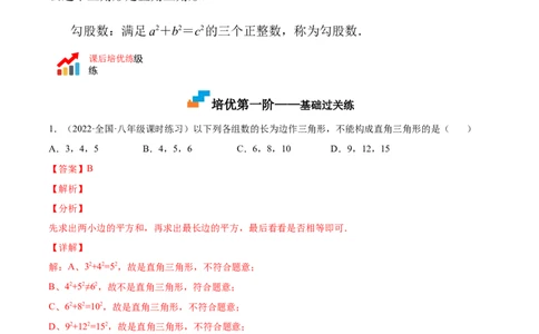 1.2一定是直角三角形吗-2022-2023学年八年级数学上册课后培优分级练（北师大版）（解析版）_北师大初中数学_8上-北师大版初中数学_旧版_05习题试卷_1课时练习_同步练习（第2套）