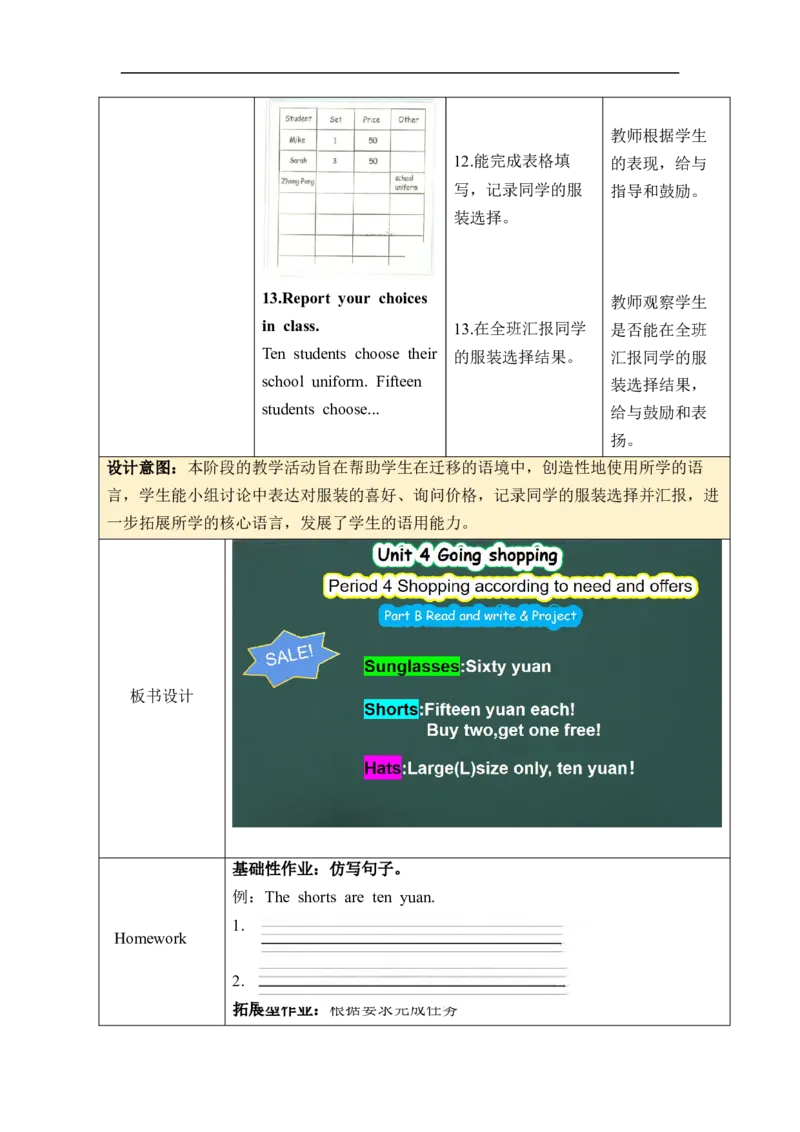 Unit4Goingshopping单元整体教学设计表格式（5课时）_4下-新英语人教PEP版（2026持续更新）_04教案（多套齐全）_单元整体教学设计表格式（5课时）