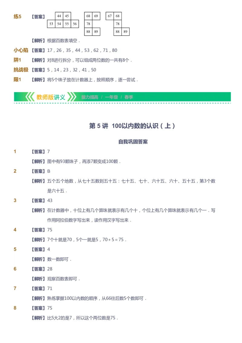 课本+自我巩固+课堂落实（答案）-gs_《爱学习》小学初中数学和奥数资料_高斯数学爱学习课件_1人教小学能力提高_1年级能力提高春秋寒暑课件_春高斯数学1阶能力提高-gs出品