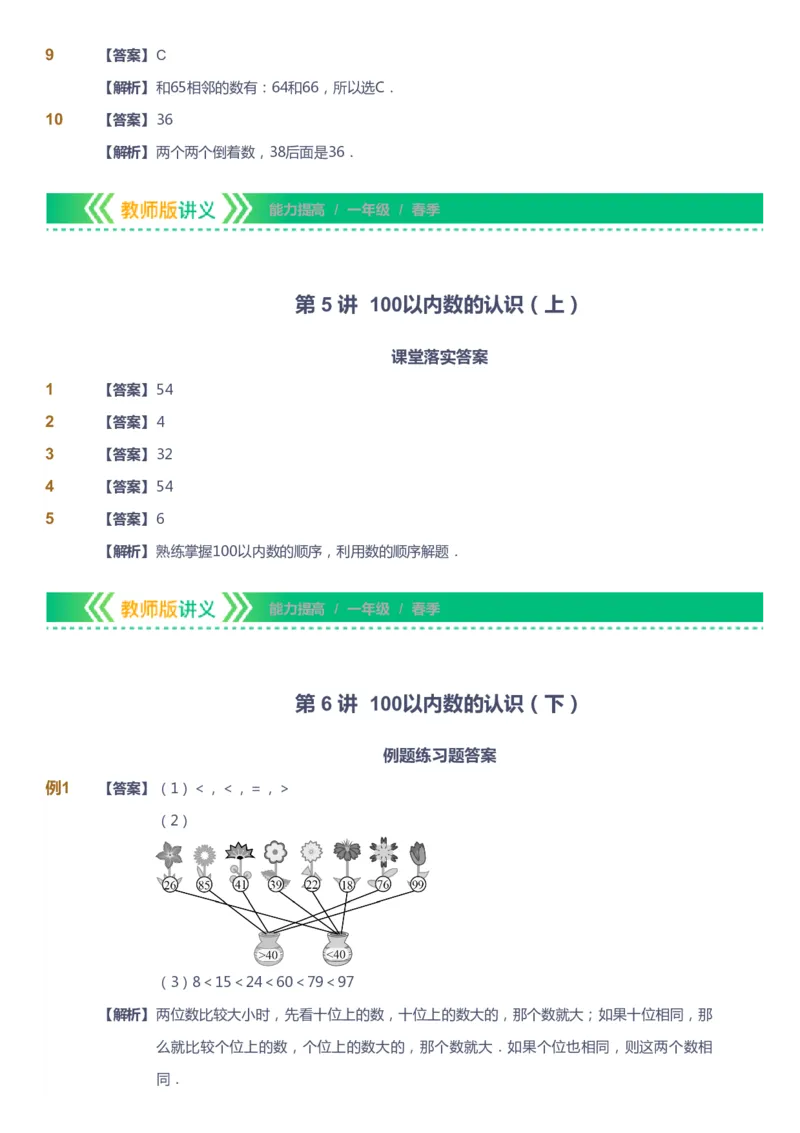 课本+自我巩固+课堂落实（答案）-gs_《爱学习》小学初中数学和奥数资料_高斯数学爱学习课件_1人教小学能力提高_1年级能力提高春秋寒暑课件_春高斯数学1阶能力提高-gs出品