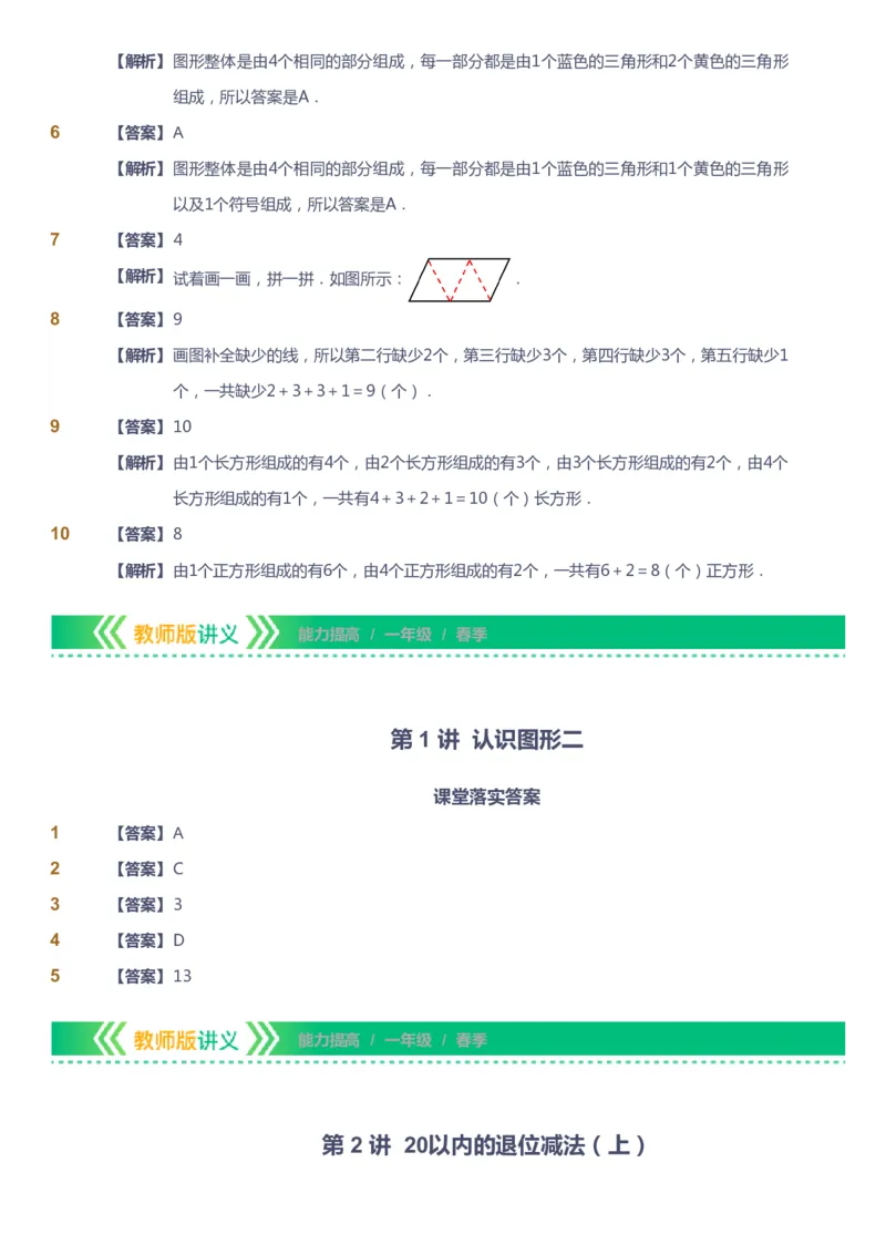 课本+自我巩固+课堂落实（答案）-gs_《爱学习》小学初中数学和奥数资料_高斯数学爱学习课件_1人教小学能力提高_1年级能力提高春秋寒暑课件_春高斯数学1阶能力提高-gs出品