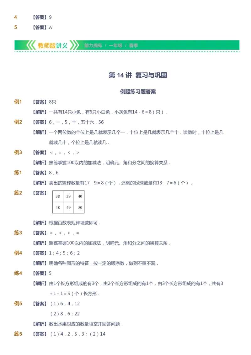 课本+自我巩固+课堂落实（答案）-gs_《爱学习》小学初中数学和奥数资料_高斯数学爱学习课件_1人教小学能力提高_1年级能力提高春秋寒暑课件_春高斯数学1阶能力提高-gs出品
