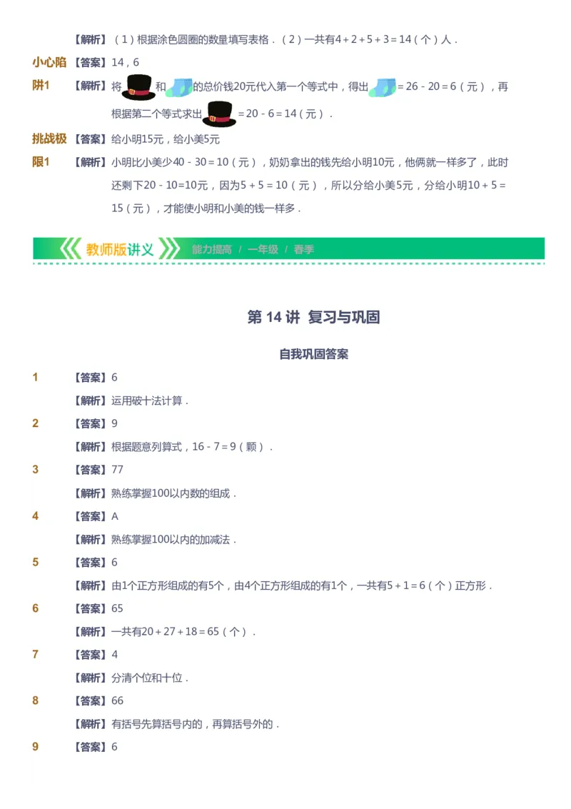 课本+自我巩固+课堂落实（答案）-gs_《爱学习》小学初中数学和奥数资料_高斯数学爱学习课件_1人教小学能力提高_1年级能力提高春秋寒暑课件_春高斯数学1阶能力提高-gs出品