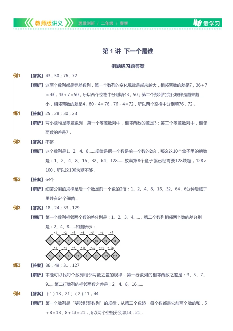 课本+自我巩固+课堂落实（答案）_《爱学习》小学初中数学和奥数资料_高斯数学爱学习课件_4奥数思维创新_二年级高斯数学思维创新_春高斯数学2阶思维创新