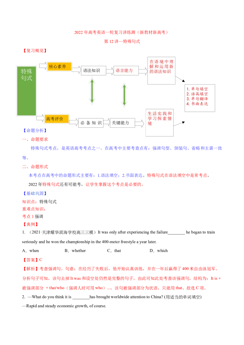 专题12特殊句式第12讲-特殊句式---2022年高考英语一轮复习讲练测（新教材新高考）（讲）（教师版）_03高考英语_新高考复习资料_2022年新高考资料_2022年新高考英语一轮复习