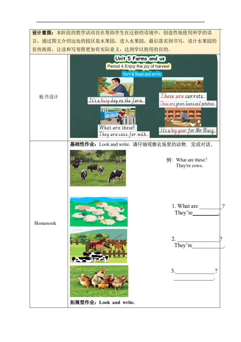 Unit5Farmsandus单元整体教学设计表格式（5课时）_4下-新英语人教PEP版（2026持续更新）_04教案（多套齐全）_单元整体教学设计表格式（5课时）