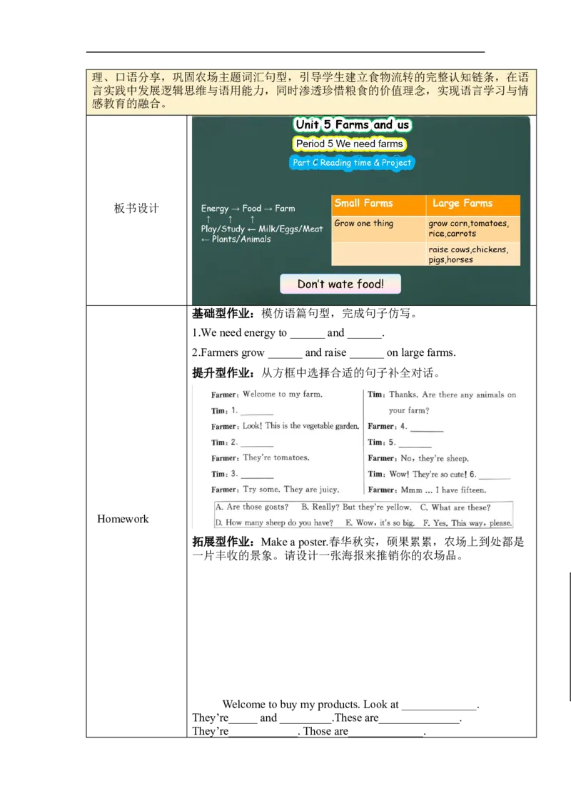 Unit5Farmsandus单元整体教学设计表格式（5课时）_4下-新英语人教PEP版（2026持续更新）_04教案（多套齐全）_单元整体教学设计表格式（5课时）