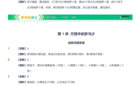 课本+自我巩固+课堂落实（答案）_《爱学习》小学初中数学和奥数资料_高斯数学爱学习课件_2人教小学能力强化_一年级高斯数学能力强化_秋数学1阶能力强化