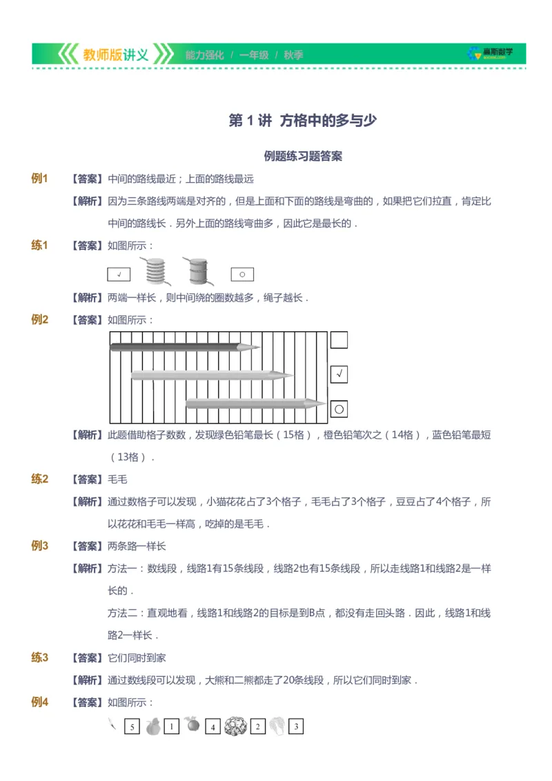 课本+自我巩固+课堂落实（答案）_《爱学习》小学初中数学和奥数资料_高斯数学爱学习课件_2人教小学能力强化_一年级高斯数学能力强化_秋数学1阶能力强化