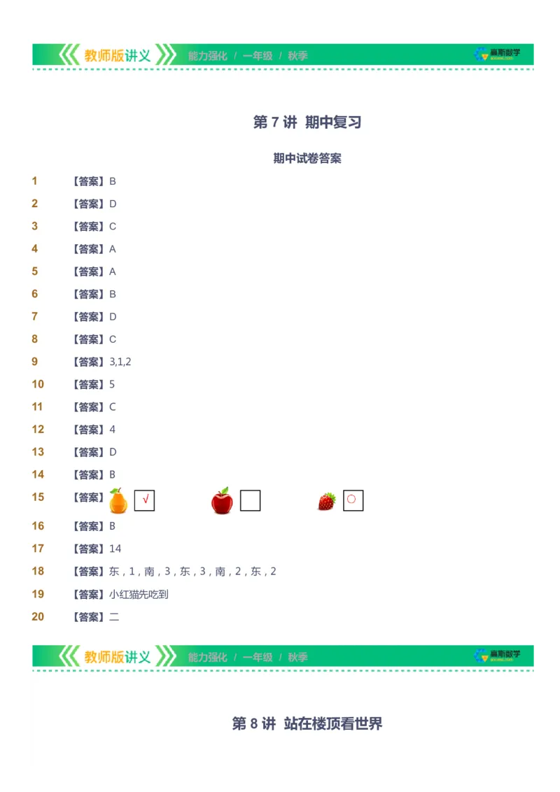 课本+自我巩固+课堂落实（答案）_《爱学习》小学初中数学和奥数资料_高斯数学爱学习课件_2人教小学能力强化_一年级高斯数学能力强化_秋数学1阶能力强化