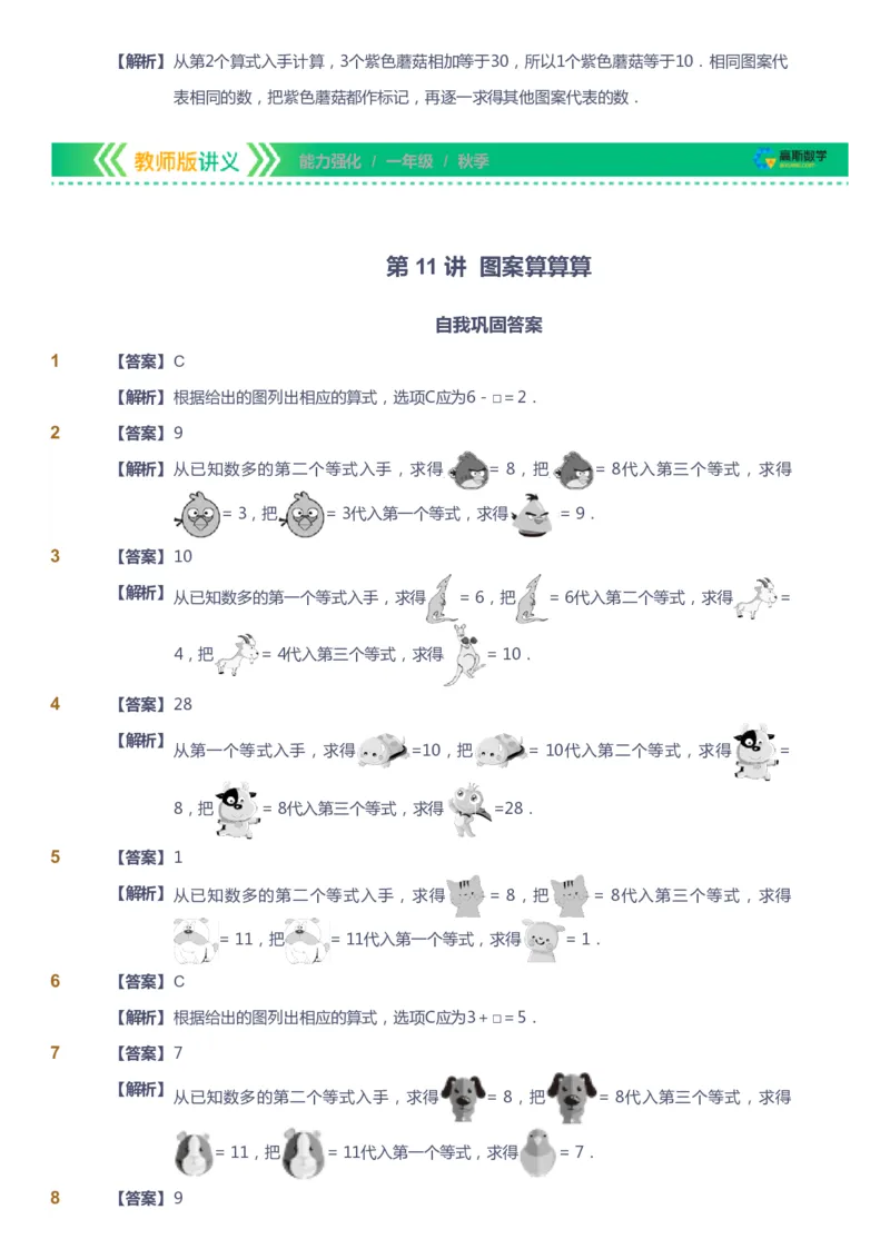 课本+自我巩固+课堂落实（答案）_《爱学习》小学初中数学和奥数资料_高斯数学爱学习课件_2人教小学能力强化_一年级高斯数学能力强化_秋数学1阶能力强化