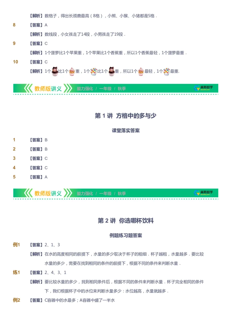 课本+自我巩固+课堂落实（答案）_《爱学习》小学初中数学和奥数资料_高斯数学爱学习课件_2人教小学能力强化_一年级高斯数学能力强化_秋数学1阶能力强化