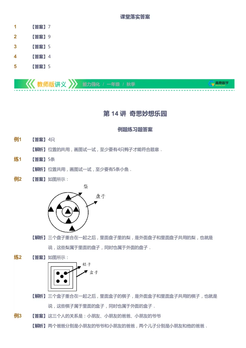 课本+自我巩固+课堂落实（答案）_《爱学习》小学初中数学和奥数资料_高斯数学爱学习课件_2人教小学能力强化_一年级高斯数学能力强化_秋数学1阶能力强化