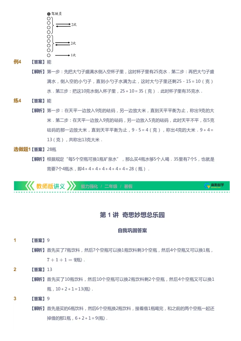 课本+自我巩固+课堂落实（答案）_《爱学习》小学初中数学和奥数资料_高斯数学爱学习课件_2人教小学能力强化_二年级高斯数学能力强化_暑数学2阶能力强化