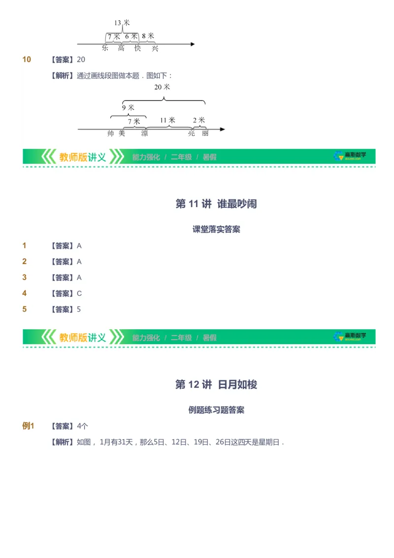 课本+自我巩固+课堂落实（答案）_《爱学习》小学初中数学和奥数资料_高斯数学爱学习课件_2人教小学能力强化_二年级高斯数学能力强化_暑数学2阶能力强化