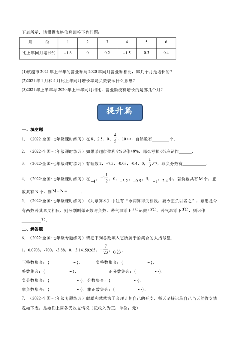 2.1有理数（分层练习）（原卷版）_北师大初中数学_7上-北师大版初中数学_7上-初中数学北师大（旧版）赠送_05习题试卷_1课时练习_同步练习（第1套）