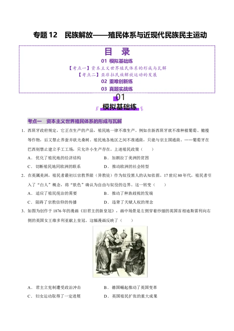 专题12民族解放&mdash;&mdash;殖民体系与近现代民族民主运动（练习）（原卷版）_07高考历史_2025年新高考资料_二轮复习_上好课2025年高考历史二轮复习讲练测（新高考通用）3379861