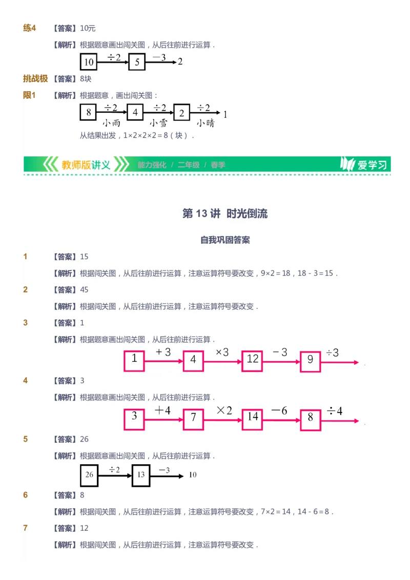 课本+自我巩固+课堂落实（答案）_《爱学习》小学初中数学和奥数资料_高斯数学爱学习课件_2人教小学能力强化_二年级高斯数学能力强化_春数学2阶能力强化