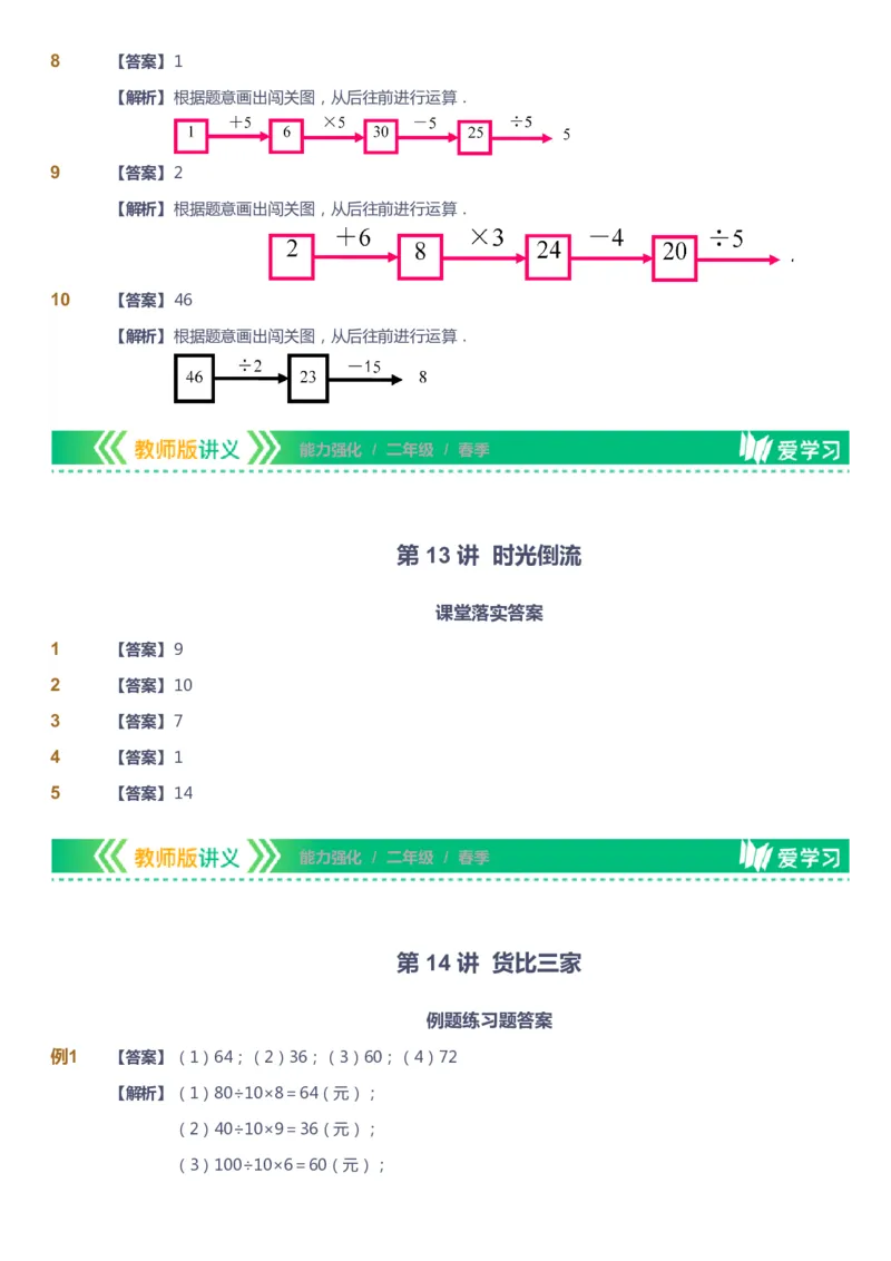 课本+自我巩固+课堂落实（答案）_《爱学习》小学初中数学和奥数资料_高斯数学爱学习课件_2人教小学能力强化_二年级高斯数学能力强化_春数学2阶能力强化