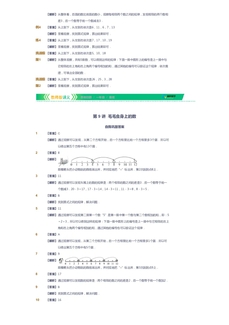 课本+自我巩固+课堂落实（答案）_《爱学习》小学初中数学和奥数资料_高斯数学爱学习课件_4奥数思维创新_一年级高斯数学思维创新_暑数学1阶思维创新