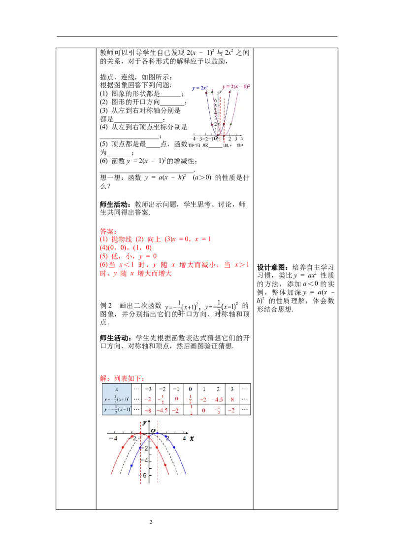 2.2第3课时二次函数y=a(x-h)2的图象与性质教案_北师大初中数学_9下-北师大版初中数学_01课件+教案+学案新课标_教案_2.BS九下第二章二次函数