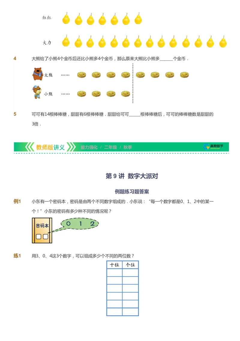 课本+自我巩固+课堂落实_《爱学习》小学初中数学和奥数资料_高斯数学爱学习课件_2人教小学能力强化_二年级高斯数学能力强化_秋数学2阶能力强化