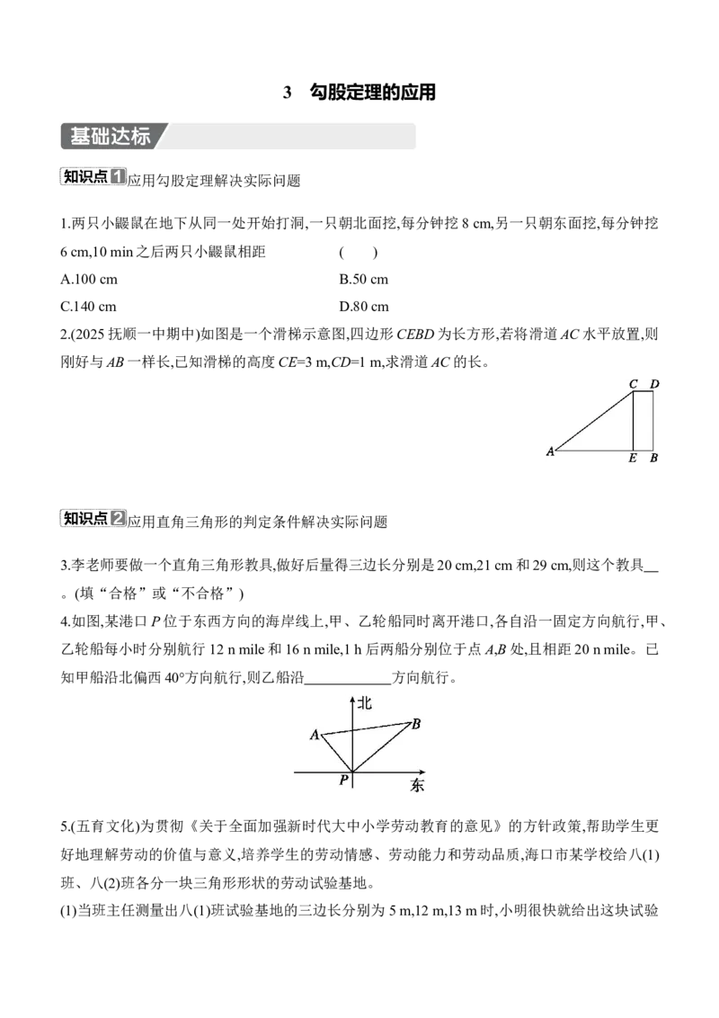 1.3　勾股定理的应用同步练习（含答案）2025-2026学年数学北师大版（2024）八年级上册_北师大初中数学_8上-北师大版初中数学_初中数学北师大8上-2025秋季新版_第二套推荐25_同步练习