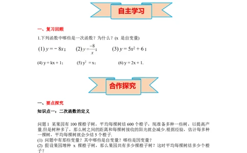 2.1二次函数导学案_北师大初中数学_9下-北师大版初中数学_01课件+教案+学案新课标_导学案_2.BS九下第二章二次函数