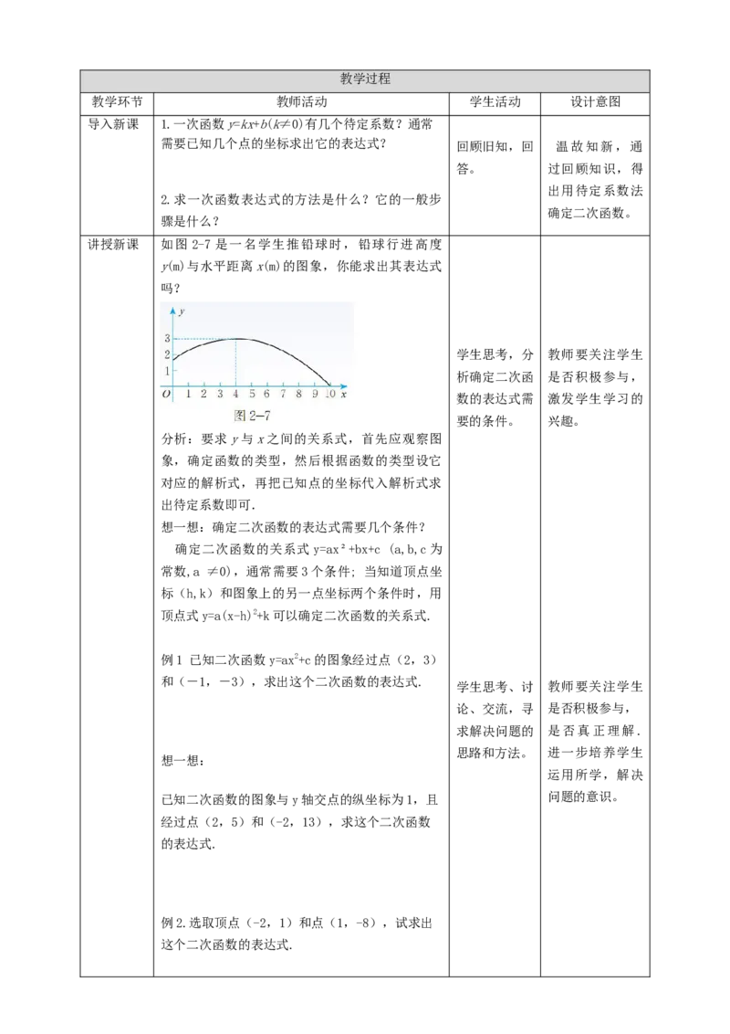 2.3.1确定二次函数解析式教学设计_北师大初中数学_9下-北师大版初中数学_02课件_精品课件（第1套）配套教案_教案
