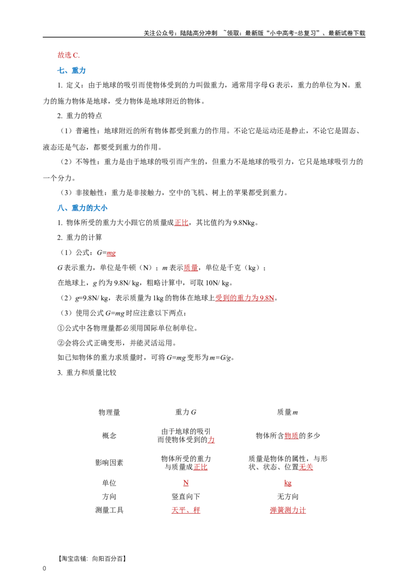 专题07力（知识梳理+典例+练习）-2024物理中考一轮复习精品资料（教师版）_02中考总复习（2026版更新中）_04-物理-中考总复习_2024年中考复习资料_一轮复习_配套练习_教师版（含答案解析）