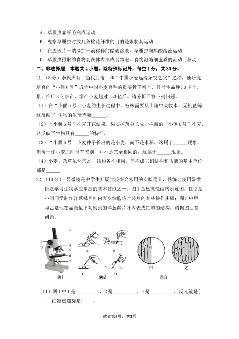 生物预备新初一期中暑假综合验收卷_25秋《一本》系列_25版一本系列_一本预备新初一小四门（政史生地）25年