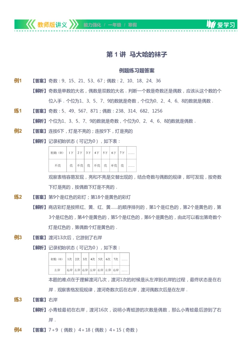 课本+自我巩固+课堂落实（答案）_《爱学习》小学初中数学和奥数资料_高斯数学爱学习课件_2人教小学能力强化_一年级高斯数学能力强化_寒数学1阶能力强化