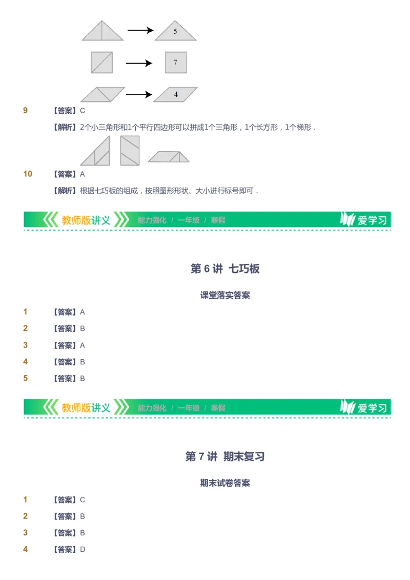 课本+自我巩固+课堂落实（答案）_《爱学习》小学初中数学和奥数资料_高斯数学爱学习课件_2人教小学能力强化_一年级高斯数学能力强化_寒数学1阶能力强化