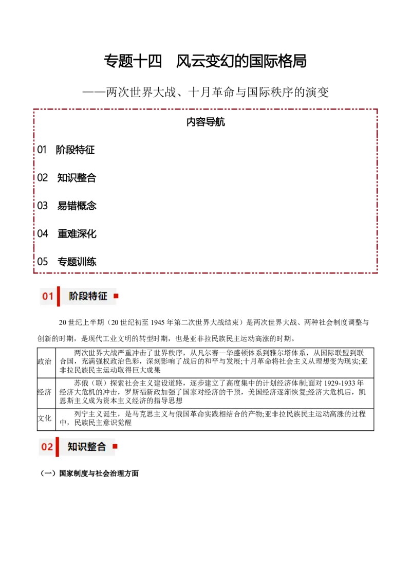 专题14+风云变幻的国际格局&mdash;&mdash;两次世界大战、十月革命与国际秩序的演变-知识大盘点+专题特训2024年高考历史三轮冲刺_07高考历史_2024年新高考资料_52024三轮冲刺