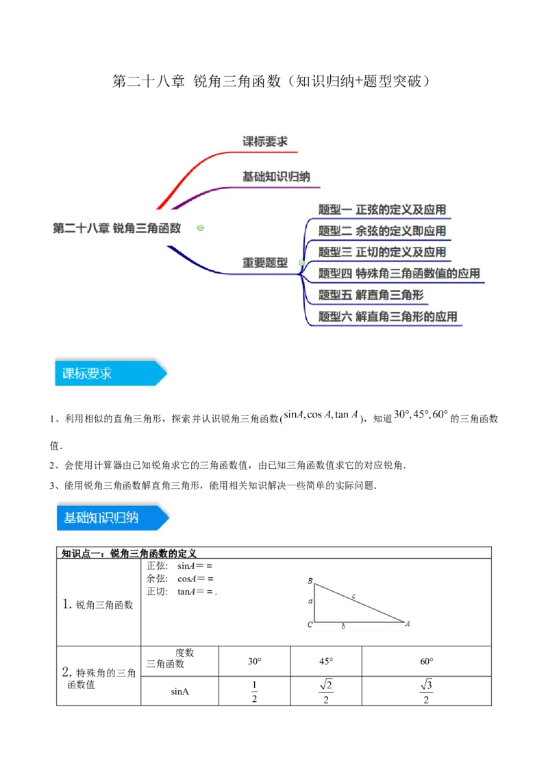 第二十八章锐角三角函数（知识归纳+题型突破）（六大题型，100题）（学生版）-（人教版）_初中数学_九年级数学下册（人教版）_知识点汇总-U105_2024版