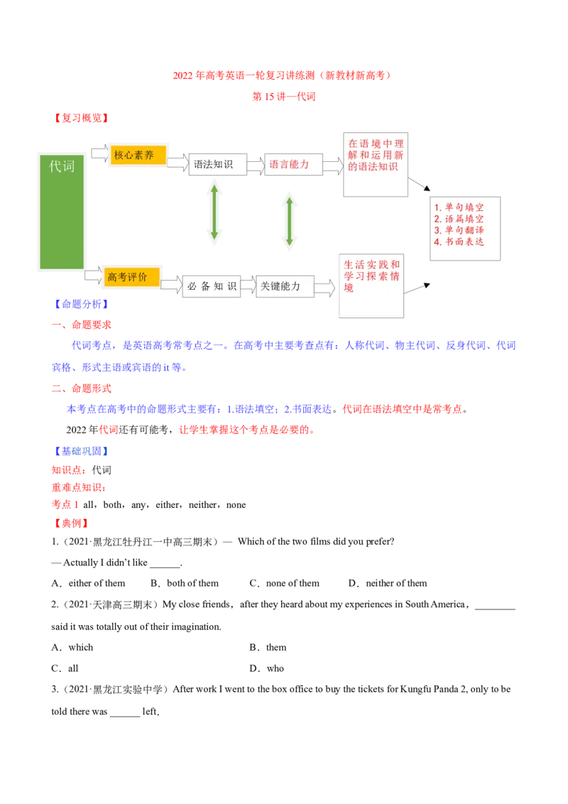 专题15代词第15讲-代词---2022年高考英语一轮复习讲练测（新教材新高考）（讲）（学生版）_03高考英语_新高考复习资料_2022年新高考资料_2022年新高考英语一轮复习