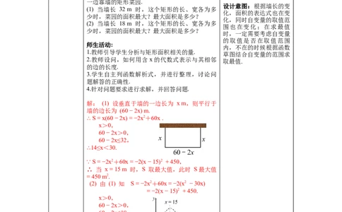 2.4第1课时图形面积的最大值教案_北师大初中数学_9下-北师大版初中数学_01课件+教案+学案新课标_教案_2.BS九下第二章二次函数