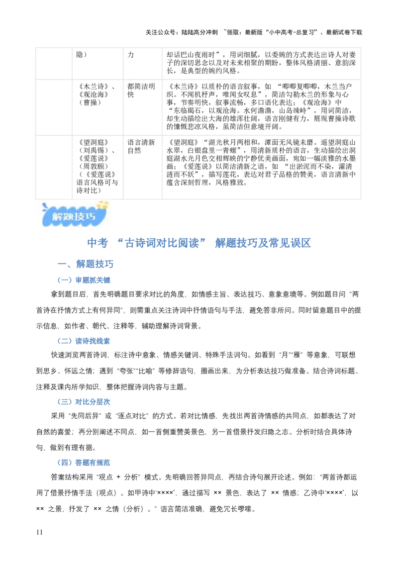 专题07：古诗词鉴赏之对比阅读(讲义）原卷版_02中考总复习（2026版更新中）_01-语文-中考总复习_2026年中考复习（更新中）