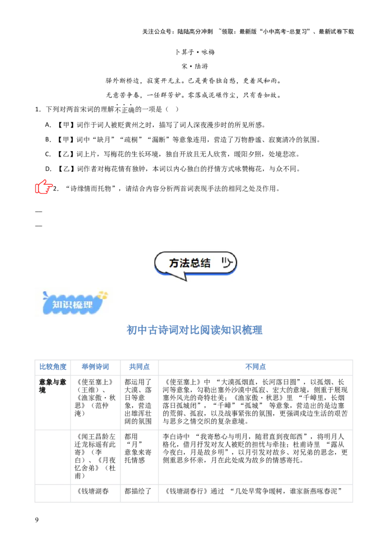 专题07：古诗词鉴赏之对比阅读(讲义）原卷版_02中考总复习（2026版更新中）_01-语文-中考总复习_2026年中考复习（更新中）